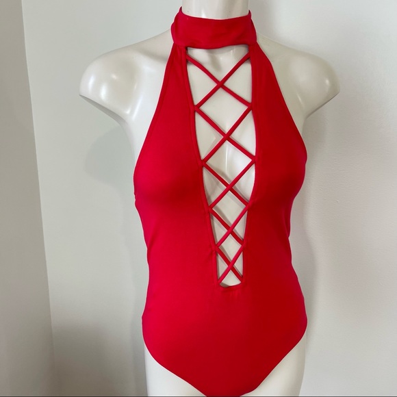 🌟SOLD🌟🌟🌟🌟🌟EXPRESS BODYSUIT thong Deep Open Plunging FRONT collar neck RED - Picture 6 of 7